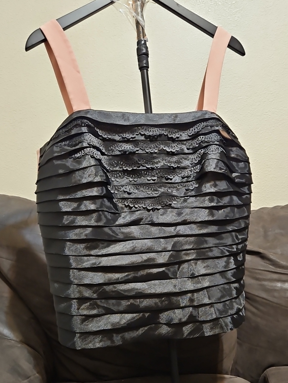 Sleeveless Black Ruffled Blouse with Pale Pink Straps